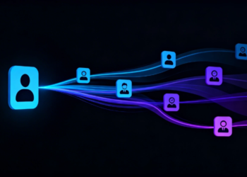 Kullanıcı Ikonlarını Birbirine Bağlayan Mavi Ve Mor Işık Dalgaları