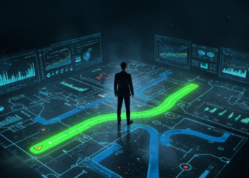 Dijital Veri Ekranları Arasında Parlayan Yolu Izleyen Adam