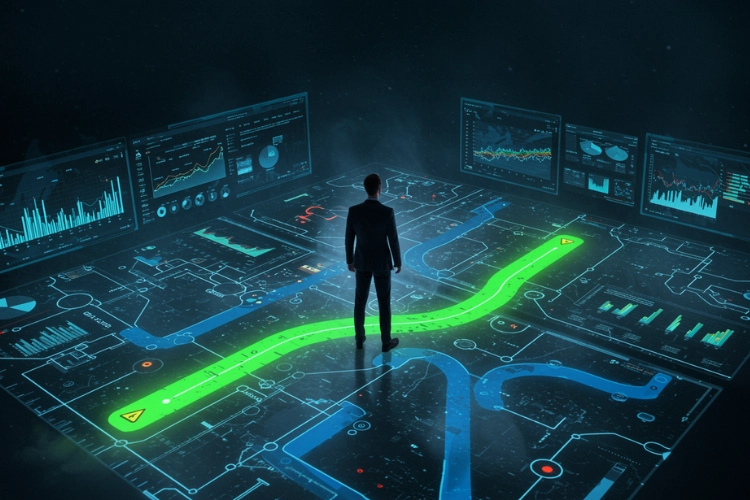 Dijital Veri Ekranları Arasında Parlayan Yolu Izleyen Adam