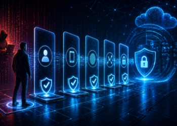 Dijital Güvenlik Panelleri Ve Hacker Figürünü Içeren Siber Güvenlik Illüstrasyonu