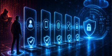 Dijital Güvenlik Panelleri Ve Hacker Figürünü Içeren Siber Güvenlik Illüstrasyonu