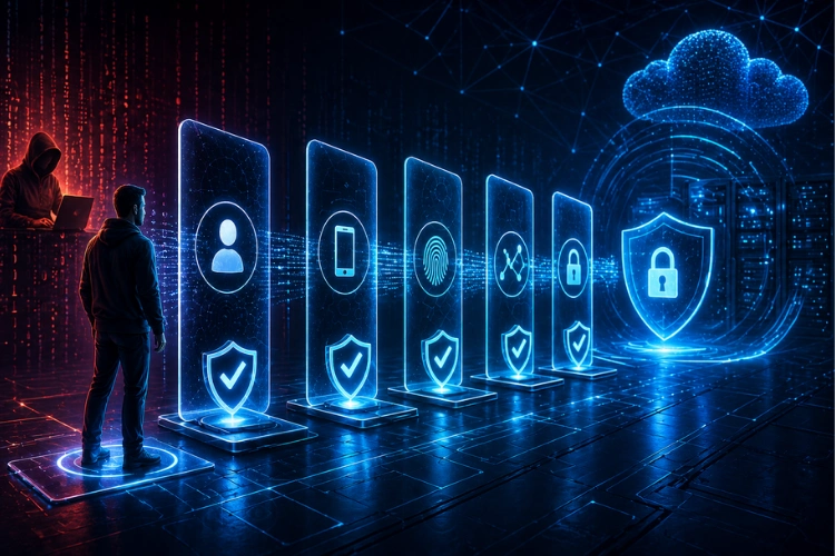 Dijital Güvenlik Panelleri Ve Hacker Figürünü Içeren Siber Güvenlik Illüstrasyonu